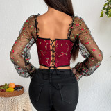 Embroidered Patchwork Mesh Underwire Fishbone Top GOMN-K0583