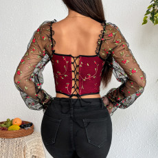 Embroidered Patchwork Mesh Underwire Fishbone Top GOMN-K0583
