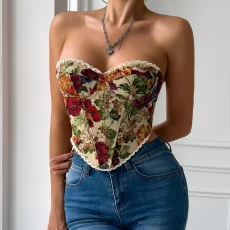 Floral Print Wrap Chest Lace-Up Bustier Tank Top GOMN-70112