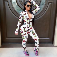 Butterfly Print Zipper Long Sleeve Jumpsuit GWLS-LD201031