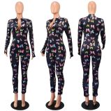 Butterfly Print Zipper Long Sleeve Jumpsuit GWLS-LD201031