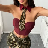 Leopard Necktie Sexy Halter Fishbone Tank Top GOMN-70352