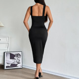 Mesh See Through Ruched Sling Midi Dress GOMN-71155