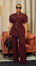 Plus Size Flower-bud Sleeve Buttons Two-piece Pants Set NY-11215