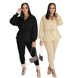 Solid Color Long Sleeve Coat Two Piece Pants Set SFY-821