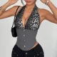 Leopard Patchwork Deep V Neck Halterneck Tank Top GOMN-71047