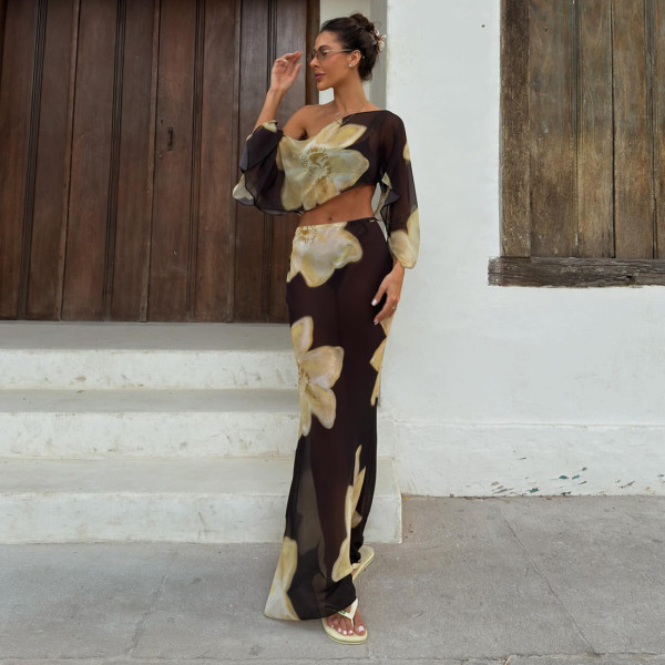 Print One Shoulder Tops Drawstring Long Skirt Suit XEF-K25S88763