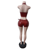 PU Leather Halterneck Zipper Two Piece Shorts Set MEM-88679