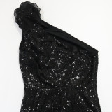 Slash Shoulder Sequin Split Long Dress CYA-902137