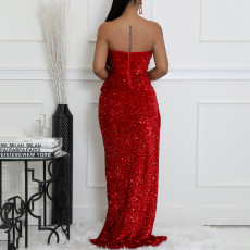 Plus Size Sexy Sequin Solid Color Tube Top Evening Dress GCZF-8651