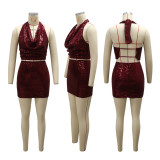 Deep V Neck Tie Up Backless Two Piece Skirts Set CYA-902062
