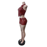 PU Leather Halterneck Zipper Two Piece Shorts Set MEM-88679