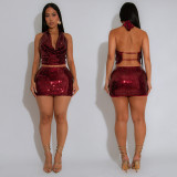 Deep V Neck Tie Up Backless Two Piece Skirts Set CYA-902062