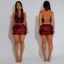 Deep V Neck Tie Up Backless Two Piece Skirts Set CYA-902062