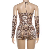 Leopard Print Tie Up Warp Chest Two Piece Short Set GSLF-K25S86184