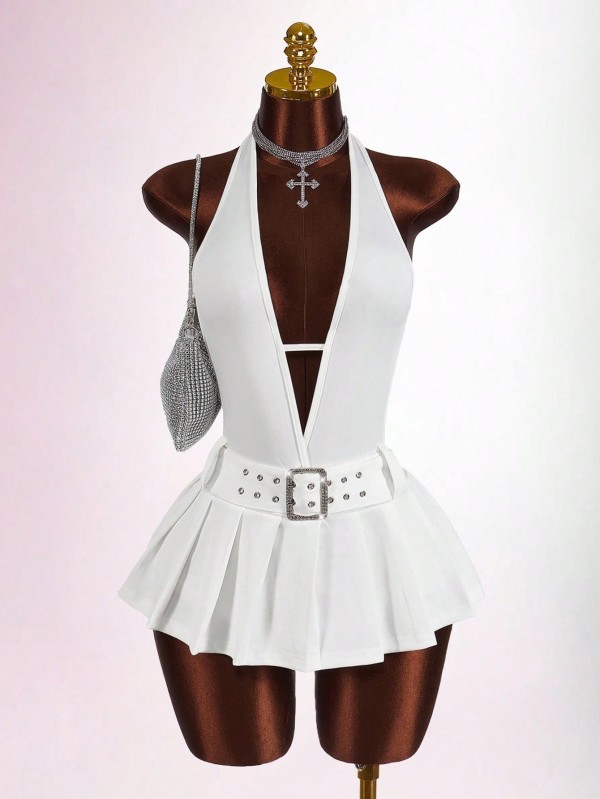 Sleeveless Deep V Neck Pleated Mini Dress GXIY-K25L1743