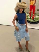 Casual Brushed Faux Two-Piece Denim Culottes SH-391453