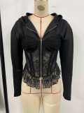 Lace Patchwork Zipper Hooded Coats GOMN-71348
