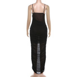 Mesh Patchwork V Neck Backless Maxi Dress GYME-K25D88988