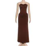 Solid Color Wrap Chest Bodysuit Drawstring Long Skirt Suit  GYME-K25S88877