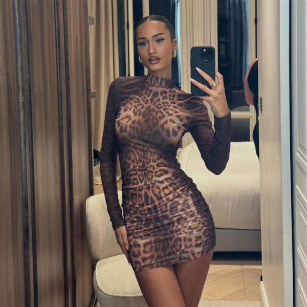 Leopard Print Long Sleeve Mini Dress GYME-K25D89757