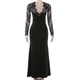 Lace Patchwork Deep V Neck Maxi Dress GYME-K25D90632