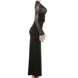 Lace Patchwork Deep V Neck Maxi Dress GYME-K25D90632