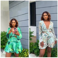 Deep V Neck Print Ruffles Romper GMYU-2916