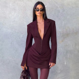 Deep V Neck Long Sleeve Ruched Mini Dress GAXB-W535DS