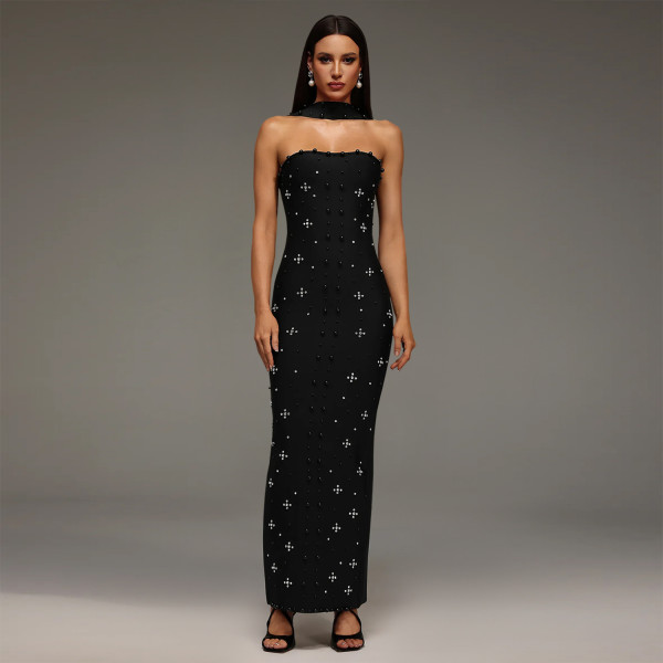 Hot Drill Wrap Chest Slim Maxi Dress BY-7625