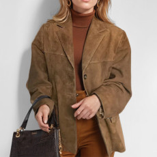 Plus Size Retro Loose Pocket Suede Long-Sleeve Blazer GHHE-28647