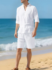 Men's Solid Color Long Sleeve Shirt Five-Tenths Pants Set FLZH-ZT167-ZK117