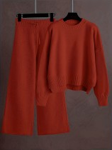 Plus Size Knits Solid Color Wide Leg Two Piece Pants Set FSXF-F760