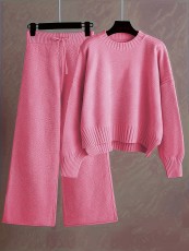 Plus Size Knits Solid Color Wide Leg Two Piece Pants Set FSXF-F760