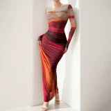 Plus Size Print Long Sleeve Slim Maxi Dress GHHE-29147