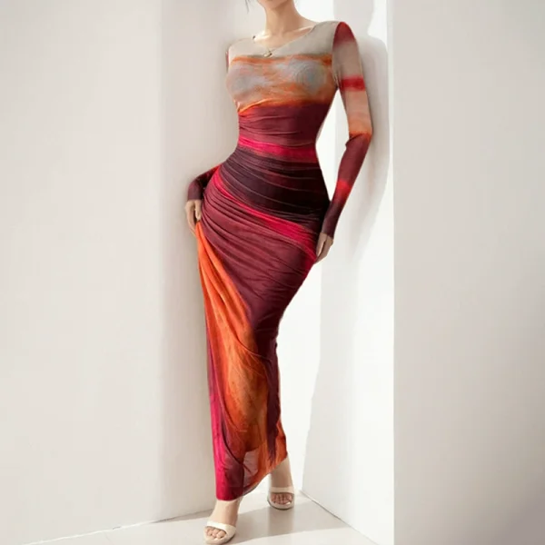 Plus Size Print Long Sleeve Slim Maxi Dress GHHE-29147