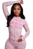 Fashion Print Letter Hooded Long Sleeve Coat + Printed Skinny Pants Set GKYS-2646