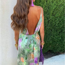 One-Shoulder Tie-Dye Print Strapless Dress+Shawl 2 Piece Set GHHE-28431