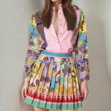 Plus Size Print Long Sleeve Shirt Two Piece Skirts Set GHHE-29195