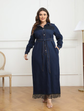 Plus Size Tassel Long Sleeve Denim Maxi Dress GDAM-218336