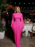 Long Sleeve Ruched Solid Two Piece Skirts Set SFY-828