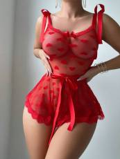 Red Heart Mesh Irregular Pearl Backless Nightgown Set YQ-W885