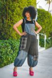 Plus Size Contrast Color Hoels Denim Patchwork Overalls GYLN-8879
