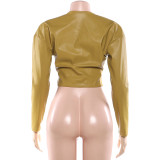 Solid Color Ruched Leather Coats DLSF-K25L88954