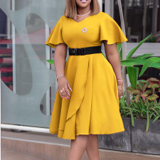 Plus Size Ruffles V Neck Midi Dress GCZF-8627