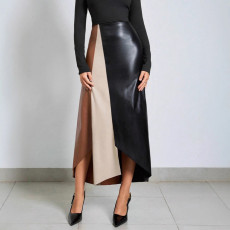 PU Color Blcok Zipper Long Skirt GPBY-SK733
