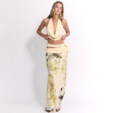 Backless Halterneck Tops Print Long Skirt 3 Piece Set XEF-K25S67406