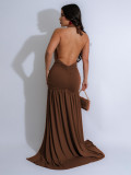 Halterneck Deep V Neck Ruched Split Maxi Dress SFY-631