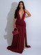 Halterneck Deep V Neck Ruched Split Maxi Dress SFY-631