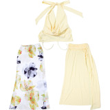 Backless Halterneck Tops Print Long Skirt 3 Piece Set XEF-K25S67406